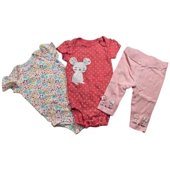 Carter's Baby Girl 3M Bodysuit Leggings 3PC Set Pink Floral Dots Mouse Outfit - Picture 1 of 3